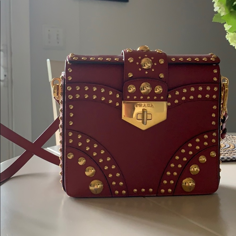 PRADA Studded Staffiano Red Shoulder Bag